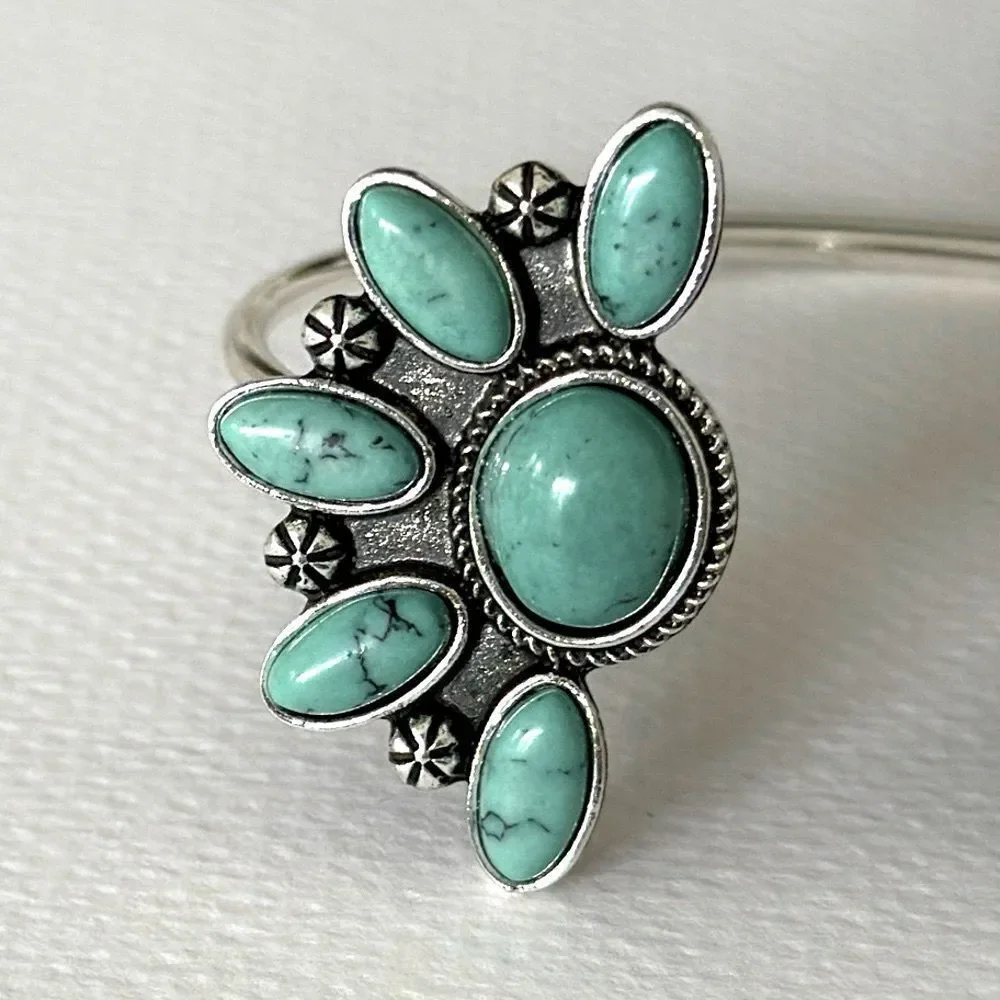 Men’s Cuff Bracelet – Turquoise Cluster – Silver Tone Western Style